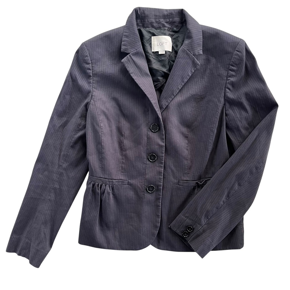 Ann Taylor LOFT Women 4 Gray Bluish Pinstripe Peplum Blazer Jacket Career Formal
